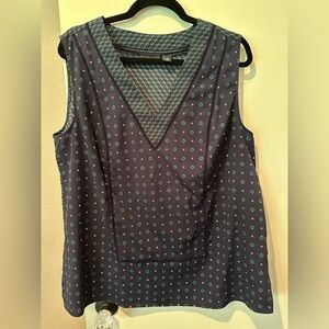 Halogen Sleeveless V-Neck Houndstooth Print Blouse Navy Teal Geometric Size XL